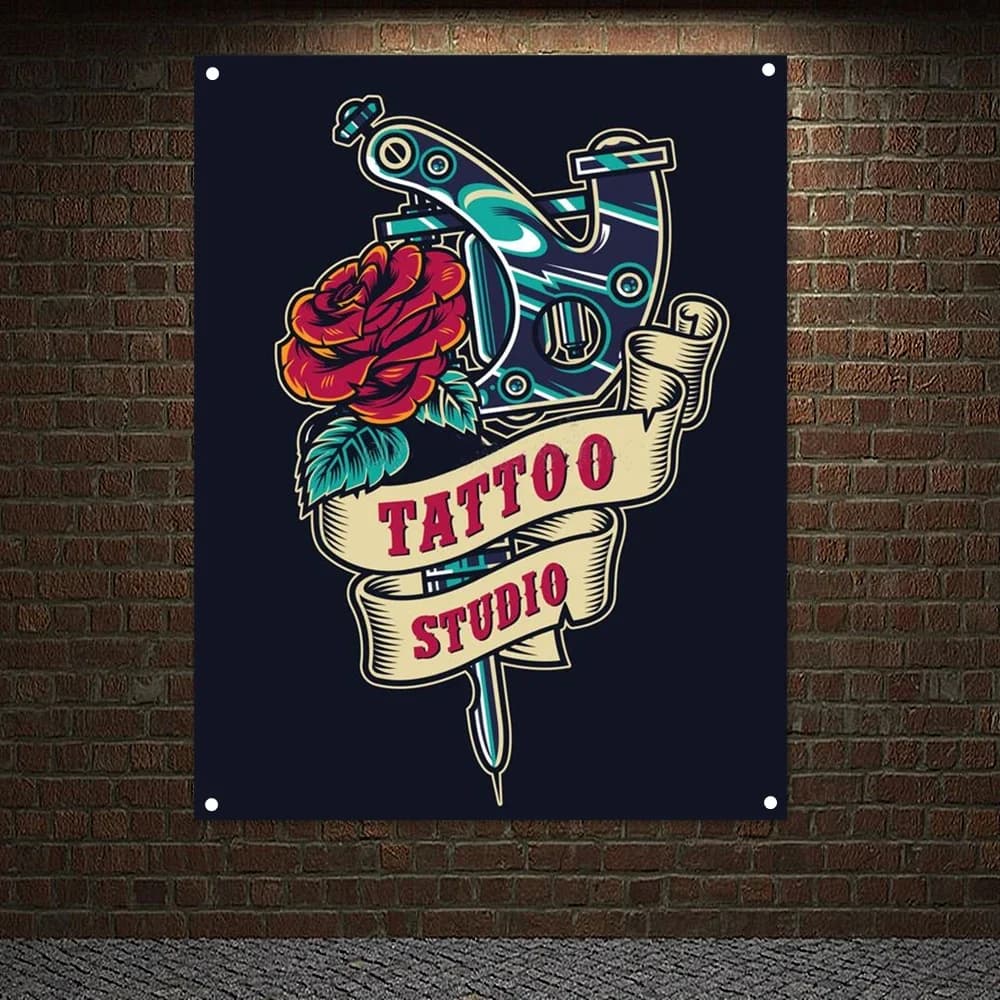 Tattoo Salon Vintage Colorful Badge Poster Wall Hanging Tattoo Machine Banners Flags Canvas Painting Tapestry Home Decoration