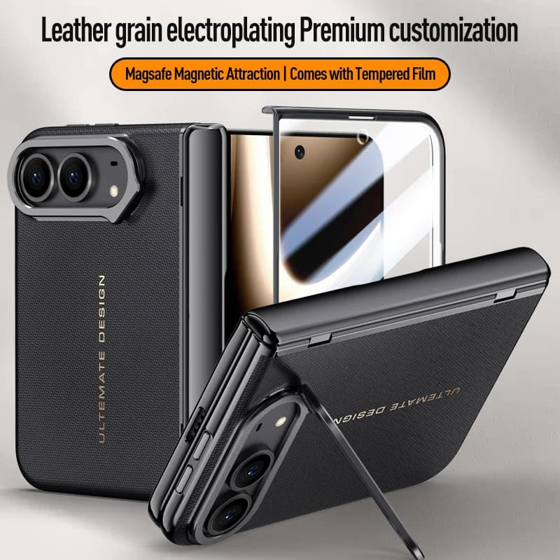 For iPhone Duo Case Electroplated Matte Leather Folding Hinge With Tempered Film Lens Bracket Shockproof Back Cover Accessories