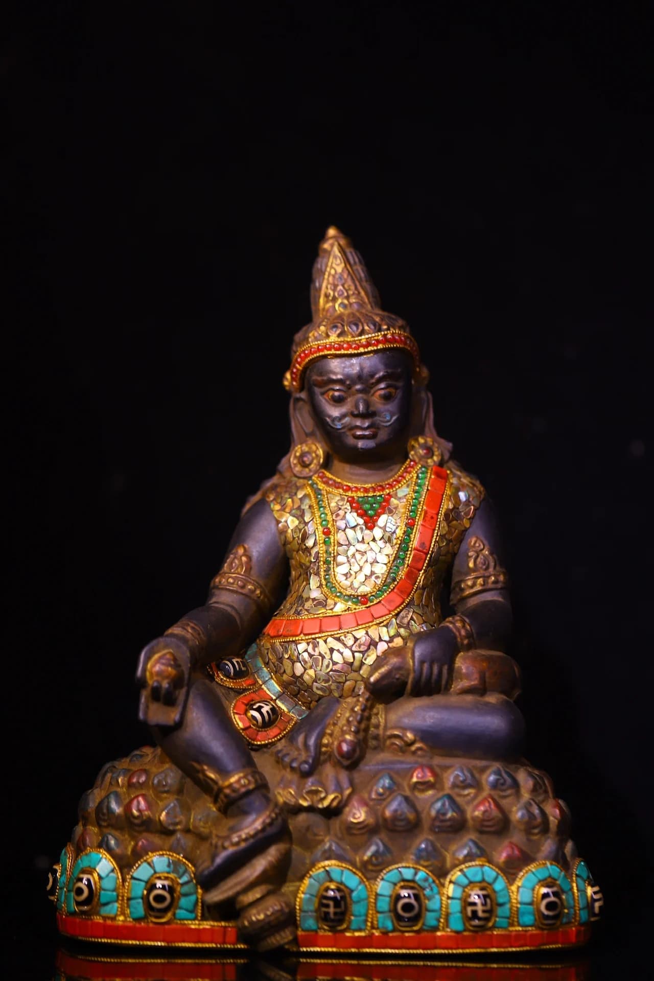 10"Tibetan Temple Collection Old Marnyi Stone Mosaic Gem gZi Beads Turquoise Shell Yellow Jambhala Lotus Buddha Worship Hall
