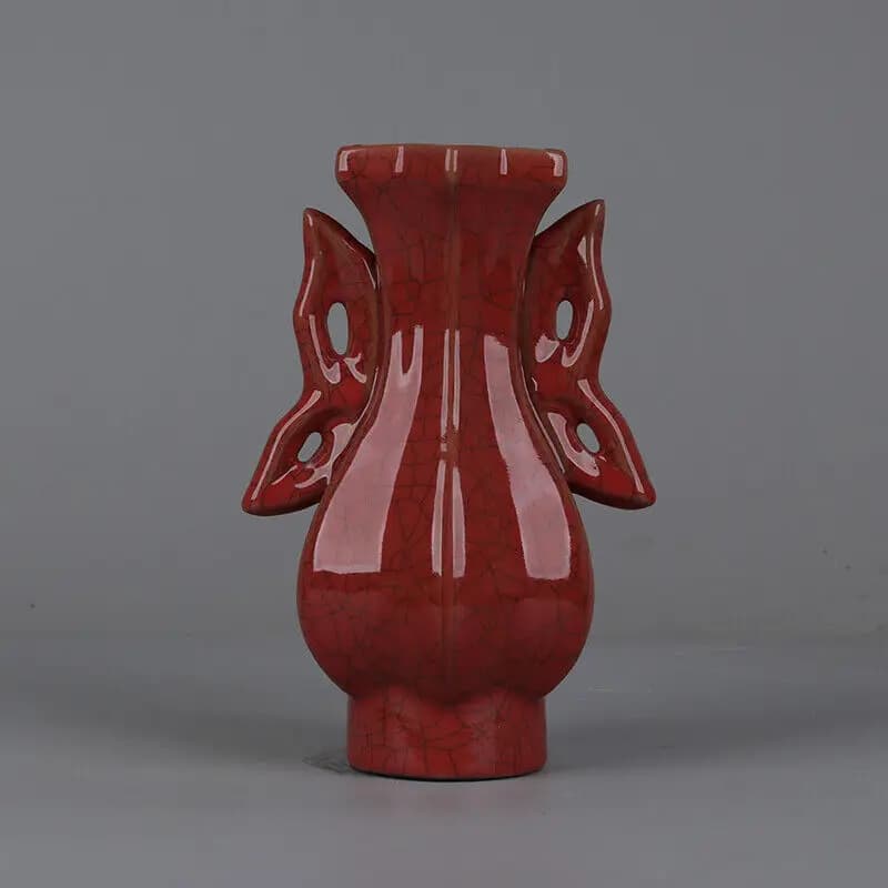 9.1" Chinese Song Porcelain Ge Kiln Red Glaze Hacking Two Butterfly Ear Vase