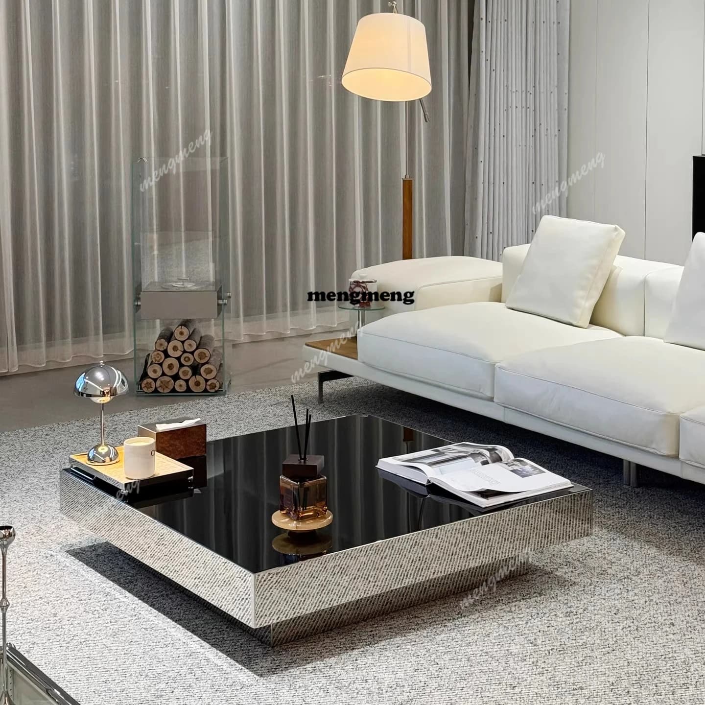 Italian minimalist stainless steel mirror coffee table silver light luxury square tea table living room hotel high sense