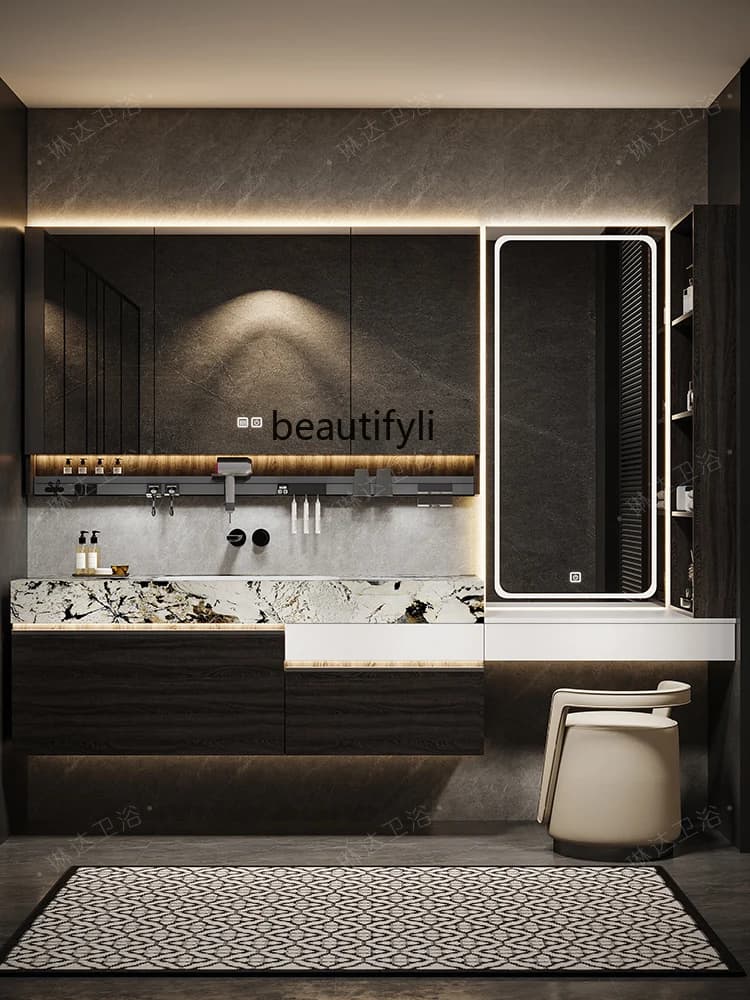 Light luxury solid wood bathroom cabinet combination large apartment bathroom sink dresser makeup integrated storage cabinet