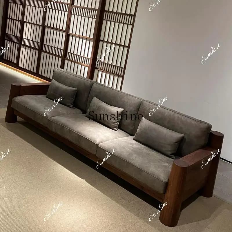 New Chinese straight row three-person black walnut home living room leather sofa small apartment  FT