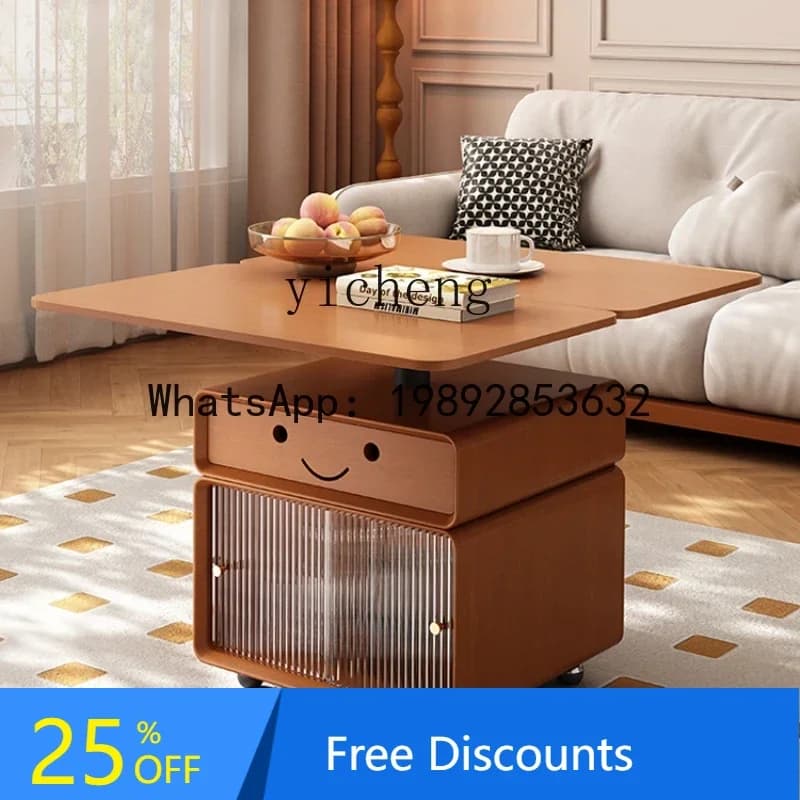 solid wood lifting coffee table movable folding multi-functional dining table dual-purpose small sofa side table