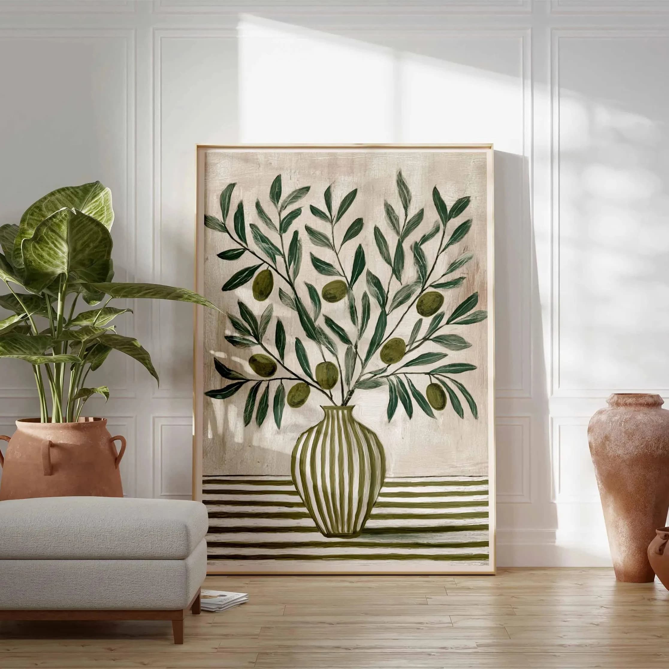 Olive branch poster,Mediterranean-style kitchen wall decor,rustic vase prints,green plant decorations,and country-style artwork.