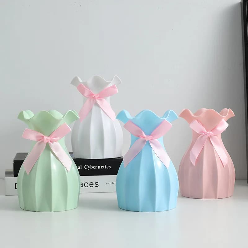 Plastic Lotus Leaf Vase Shatterproof Table Flower Vase Bowknot Design Indoor Desktop Decor Ornament