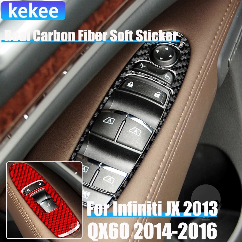 Real Carbon Fiber Car Accessories Window Lift Door Control Trim Cover Soft Sticker For Infiniti JX 2013 QX60 2014 2015 2016