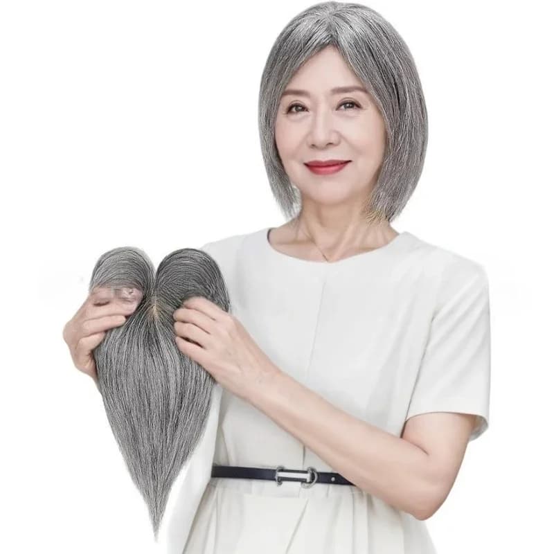 Ladies' real hair gray wig, light bangs on the top of the head, reissue