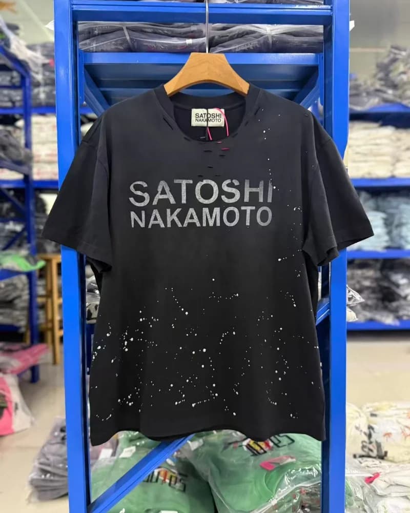 Satoshi Nakamoto Street Style Black 100% Cotton Round-Neck Washed Distressed Splatter-Print Short-Sleeve T-Shirt