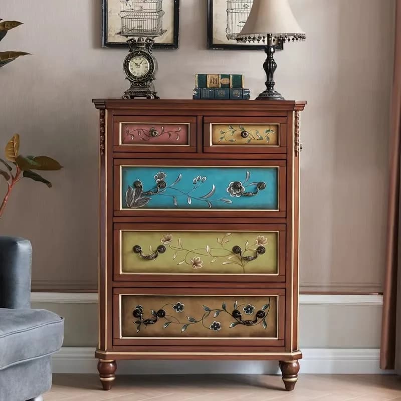 European-Style Retro Solid Wood High Cabinet American-Style Chest Drawers Home Furniture Side Entrance Living Room Decor