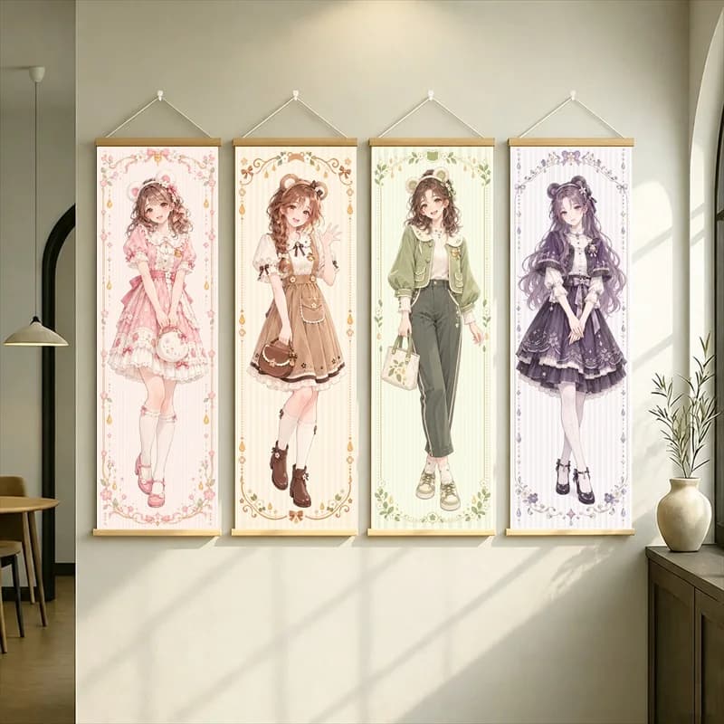 Anime Women in Pink, Brown, Green and Purple Outfits Hanging Scroll with Elegant Floral Borders for a Cozy Reading Nook