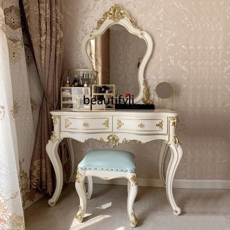 35European dresser solid wood carving flower beauty French light luxury bedroom pearl white lord makeup table small apartmentS