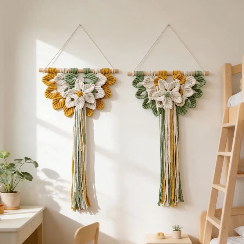 Colorful Floral Macrame Wall Decor Hand Knitted Tassel Wall Hanging, Bohemian Home Backdrop Ornament.