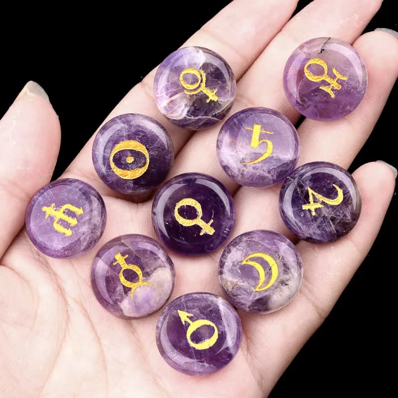 10pcs Energy Crystal Stone Ornament Set Round Natural Amethyst Rune Stones Witches Runes Divination Stones Home Decoration 18mm