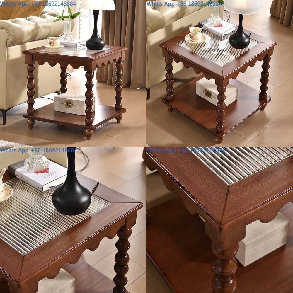 French vintage style solid wood coffee table with marble top living room side table