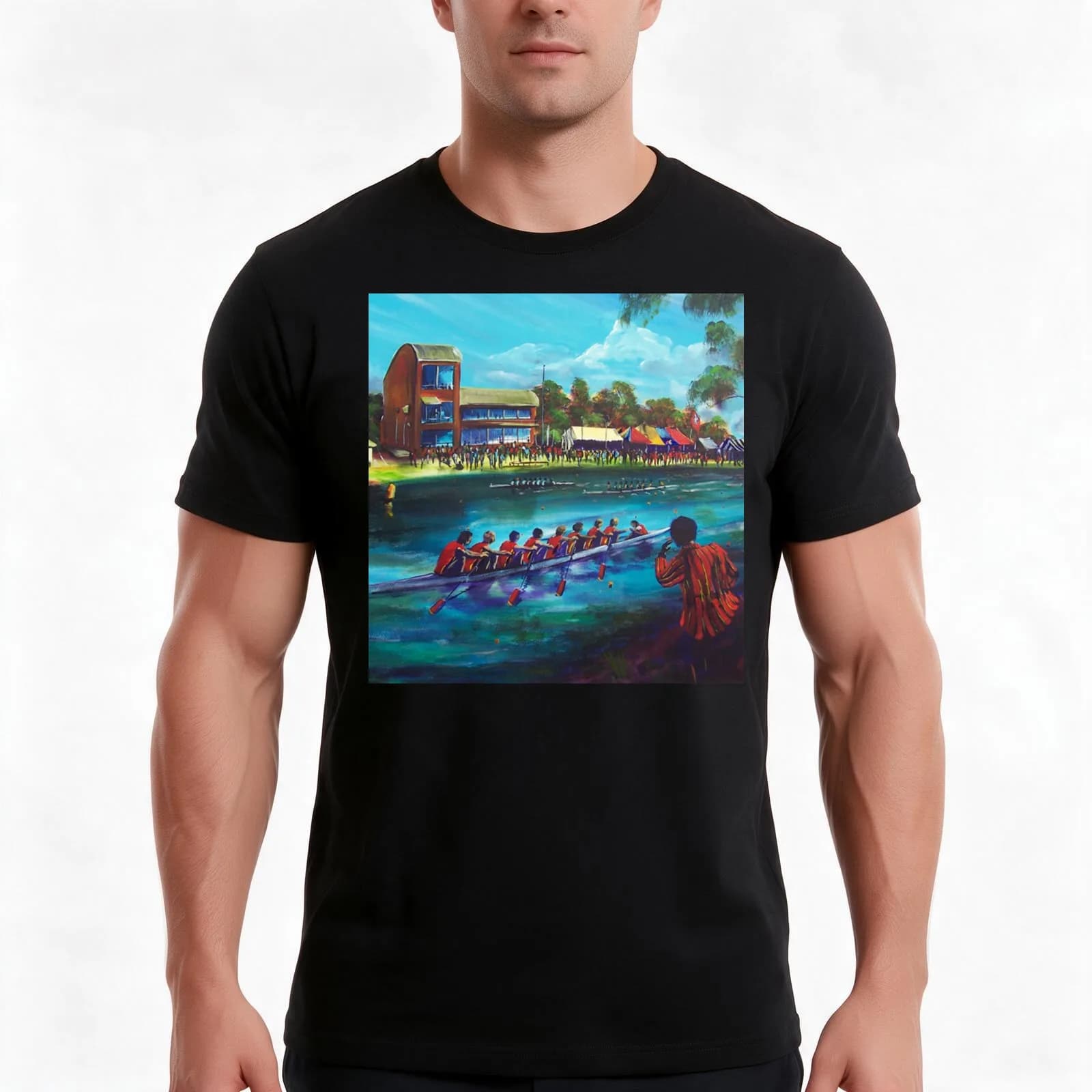 Head of the River Nagambie VIC - artist Bob Gammage T-Shirt, Summer Casual Cotton Tee, Oversized Streetwear Tops, 100% Cotton