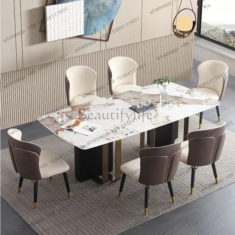 Modern minimalist Italian light luxury rock slab dining table, solid wood marble