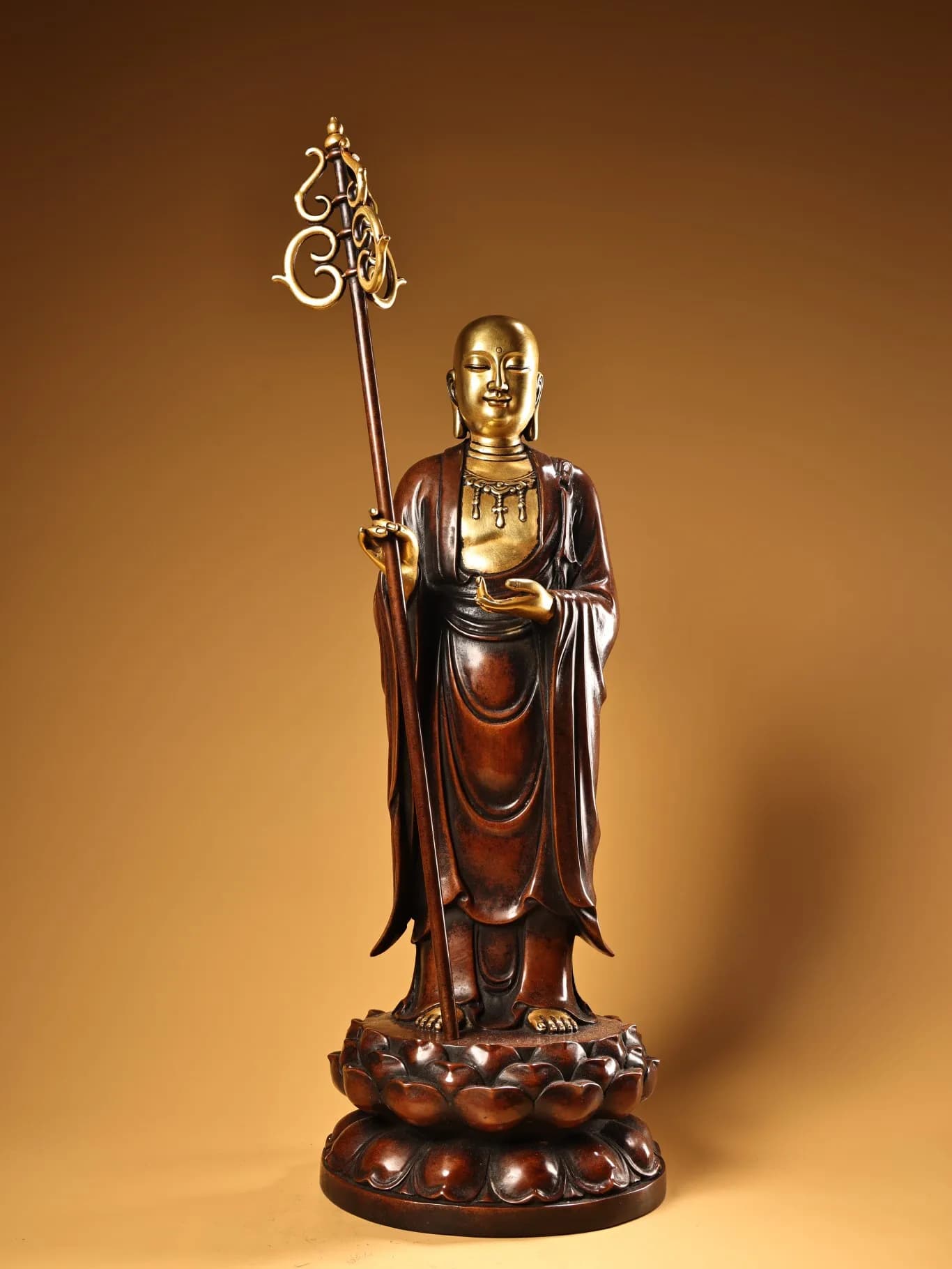 19"Tibetan Temple Collection Old Purple Bronze Gilded High Relief Ksitigarbha Bodhisattva Buddha Lotus Platfor fWorship Hall