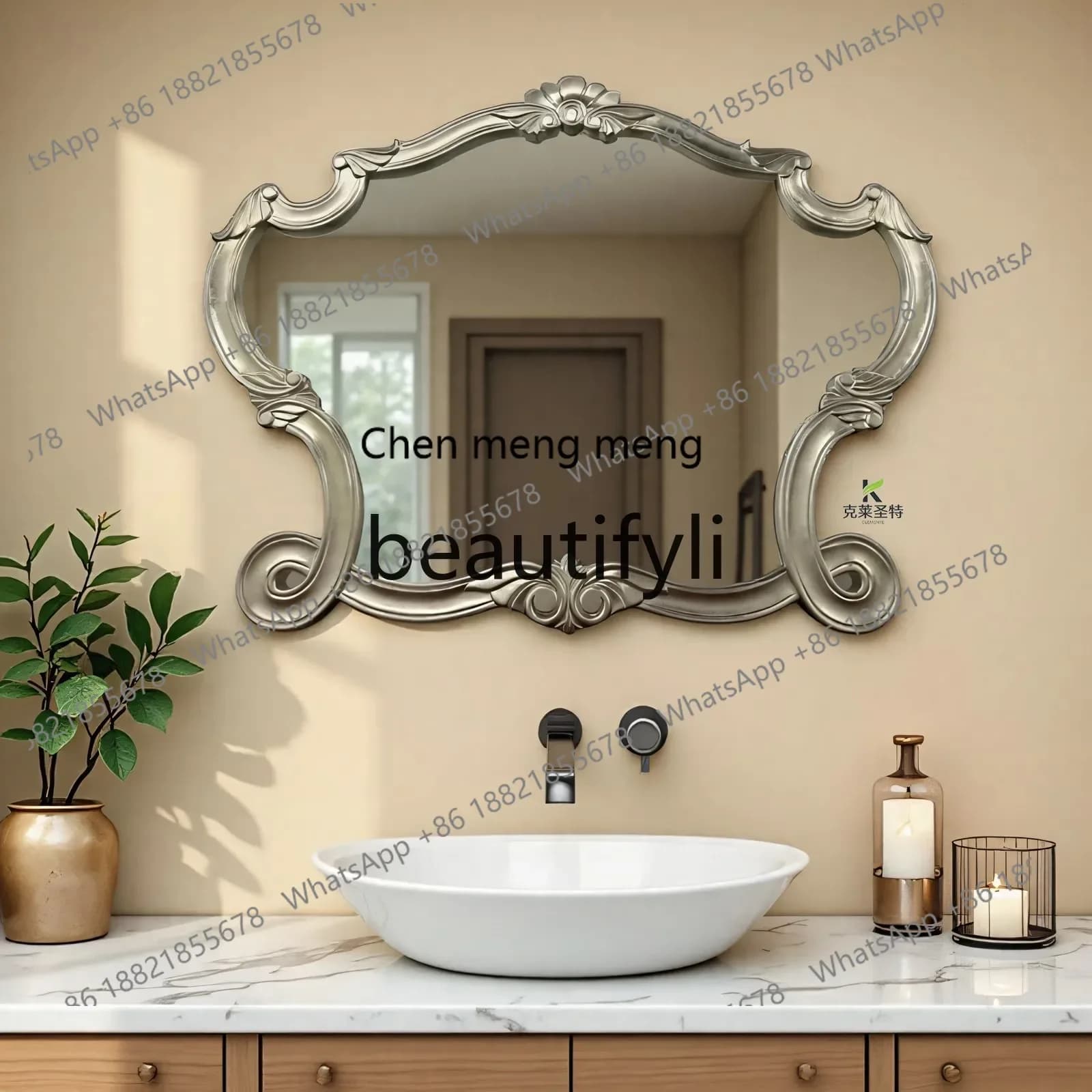French retro bathroom mirror carved fireplace decorative mirror household wall hanging vanity mirror2936