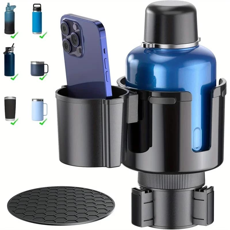 2-in-1 Car Cup Holder Expander with Offset Adapter - Adjustable Phone Holder Base, Universal Fit Large Bottles