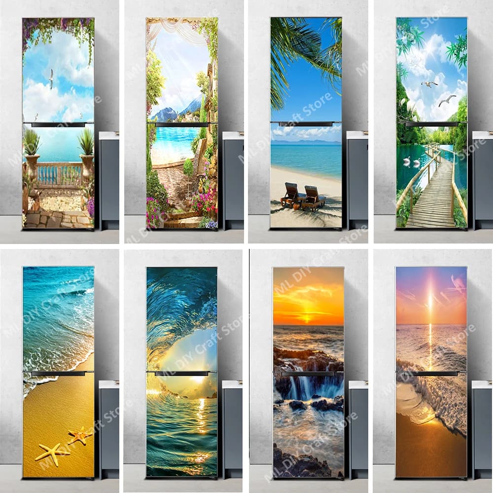 Sea View Scenery Refrigerator Sticker Sunset Full Door Cover Waterproof PVC Wardrobe Cabinet Kitchen Fridge Mural Wallpaper