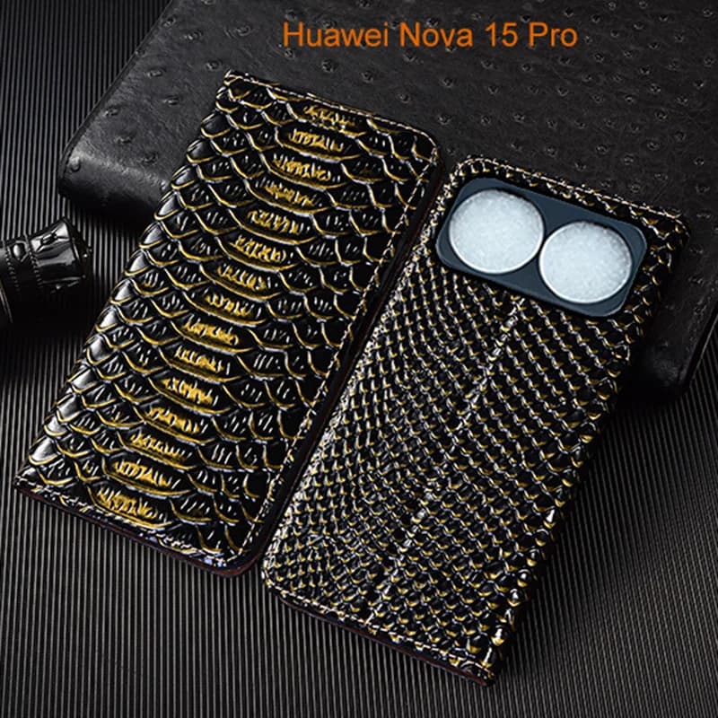 Genuine Leather Flip Case For Huawei Nova 14 14i 15 Pro Ultra Lite Phone Cover Card Cases Dragon Scale Handmade