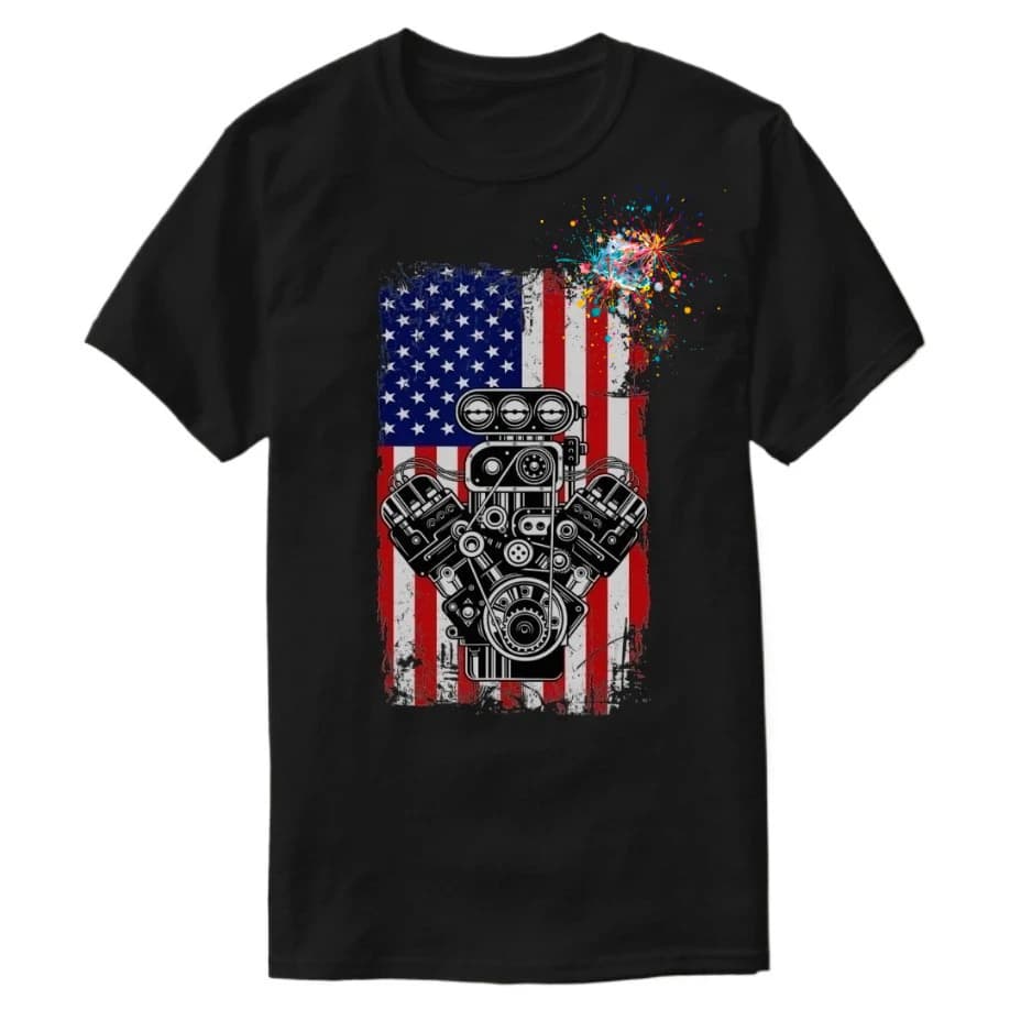 Vintage Muscle Car Engine American Flag Retro Mechanic Gift T-Shirt 100% Cotton O-Neck Short Sleeve Summer Casual Mens T-shirt