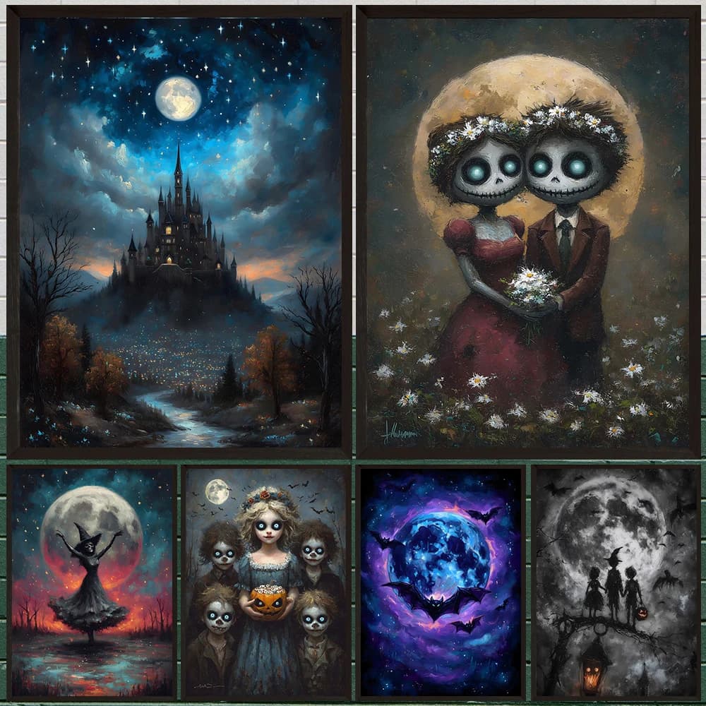 Halloween Gothic Canvas Wall Art Set Spooky Skeleton Couple & Witch Posters Dark Aesthetic Home Decor for Living Room Bedroom