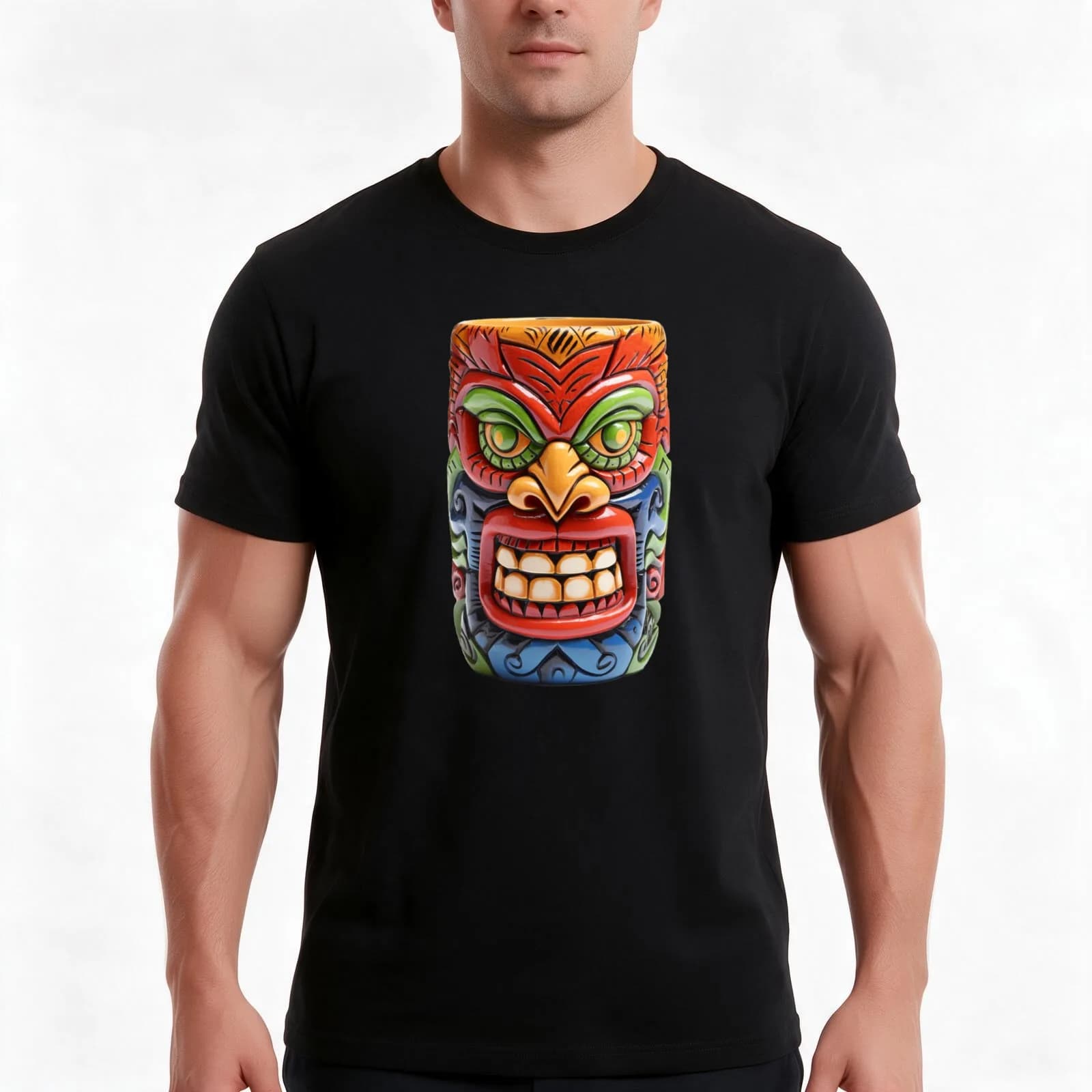 Cute Tiki T-Shirt, Summer Casual Cotton Tee, Oversized Streetwear Tops, Vintage Graphic Print, Loose Fit Short Sleeve