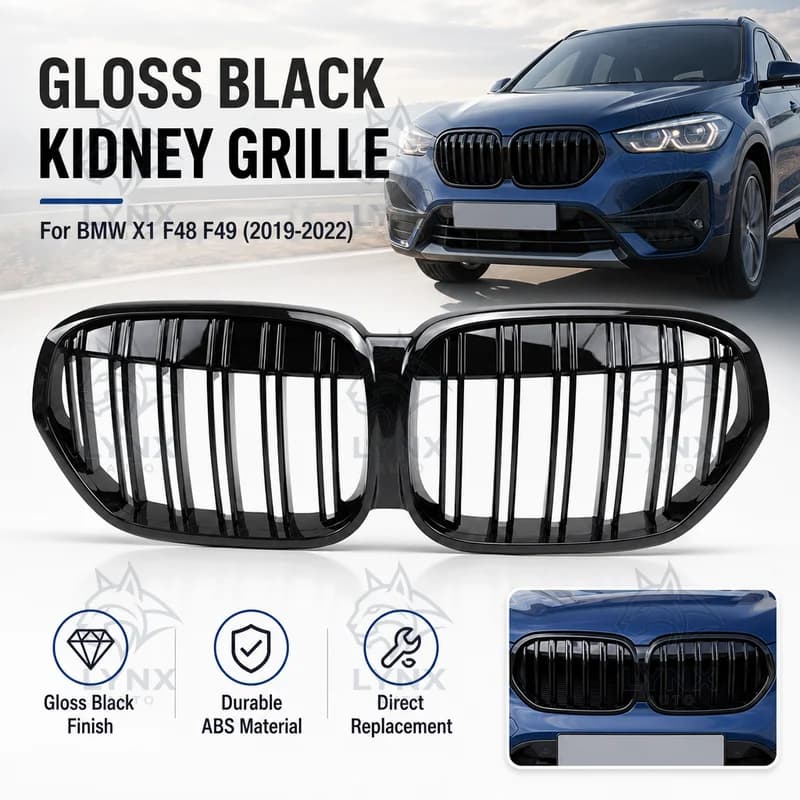 For 2019-2022 BMW X1 F48 F49 Front Bumper Grille Double Line Gloss Black ABS Kidney Grille Pair Replacement Aftermarket