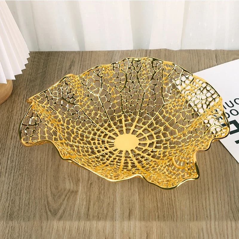 Metal Tray Hollowed-out Golden Lotus Leaf Fruit Platter Desktop Storage Container Folded Storage Trays Jewelry Dish