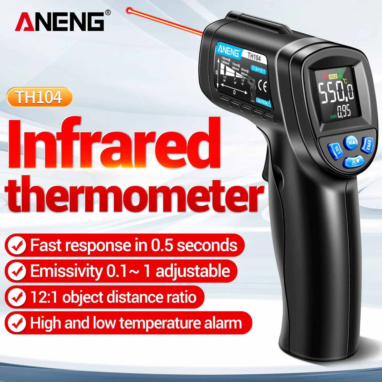 ANENG TH104 Infrared Temperature Gun High and Low Temperature Alarm 0.1 ℃ Resolution Industrial Temperature Measuring Tool