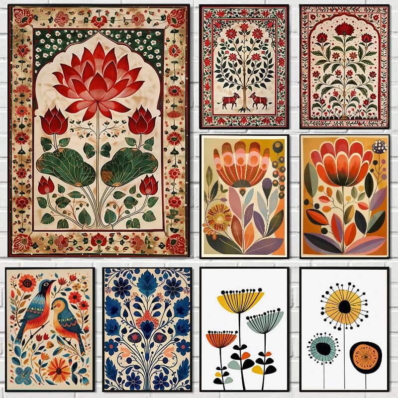 Retro Scandinavian Art Floral Canvas Print Nordic Norwegian Folk Wall Art Posters for Modern Living Room Office Cafe Home Decor