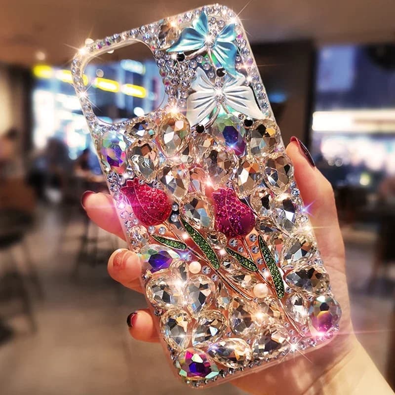 Rhinestone Flower Phone Cover for iPhone, Cute Diamond Butterfly Crystal Case, Luxury, 15, 14 16Pro Max, 13, 12, 16