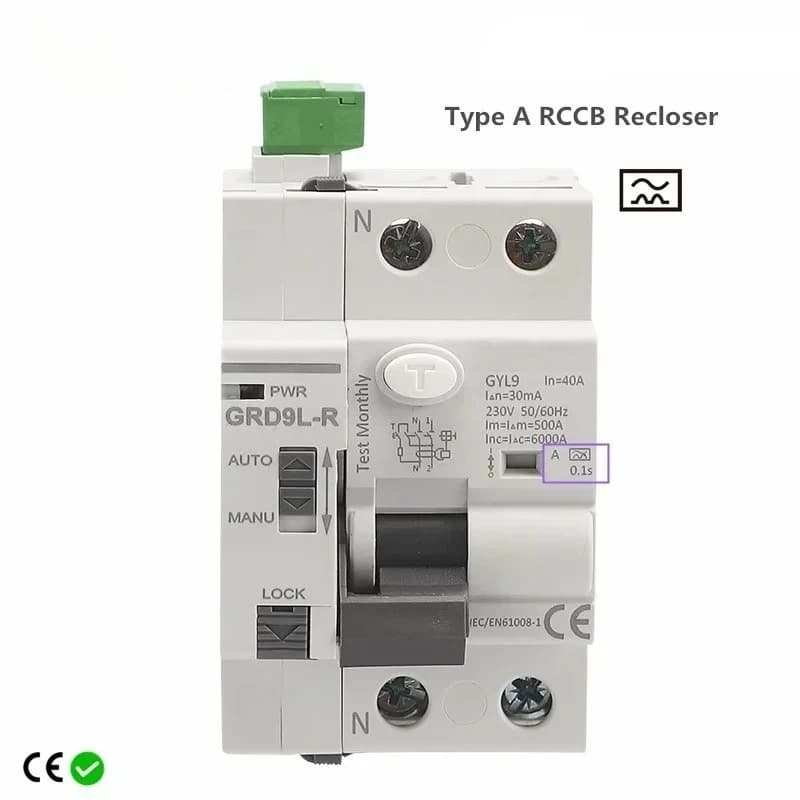 GRD9L-R Type A RCCB Auto Recloser 40A 63A 30mA 100mA 300mA Safety Breaker Diferencial Rearmable Automatico