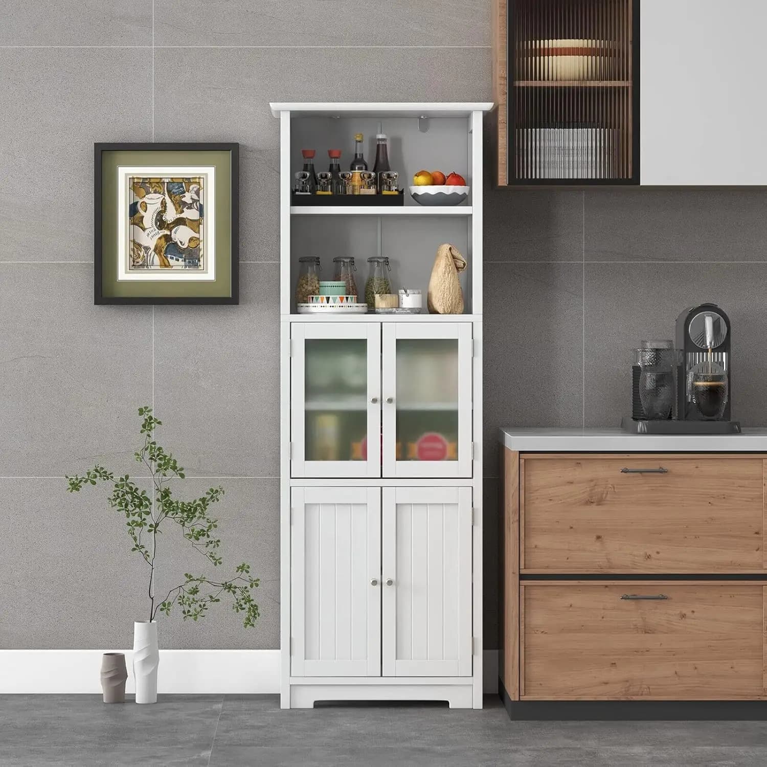 **/Freestanding Bathroom Storage Cabinet, Kitchen Pantry Cupboard With Glass Doors, Open Storage Shelves & 3-level Adjustab