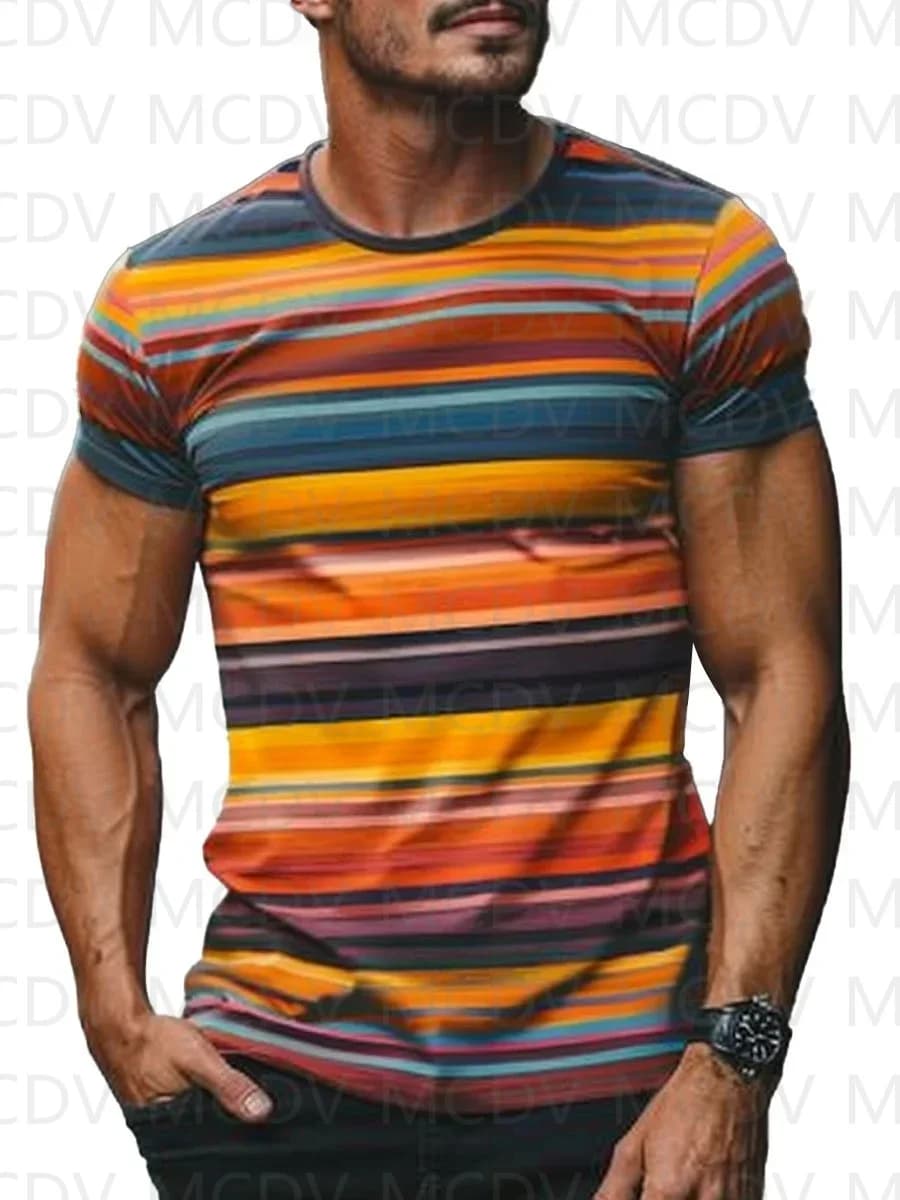 Men's Round Neck Rainbow Stripe Print Casual Short Sleeve T-Shirt 3D Printed Summer T Shirt Men's
