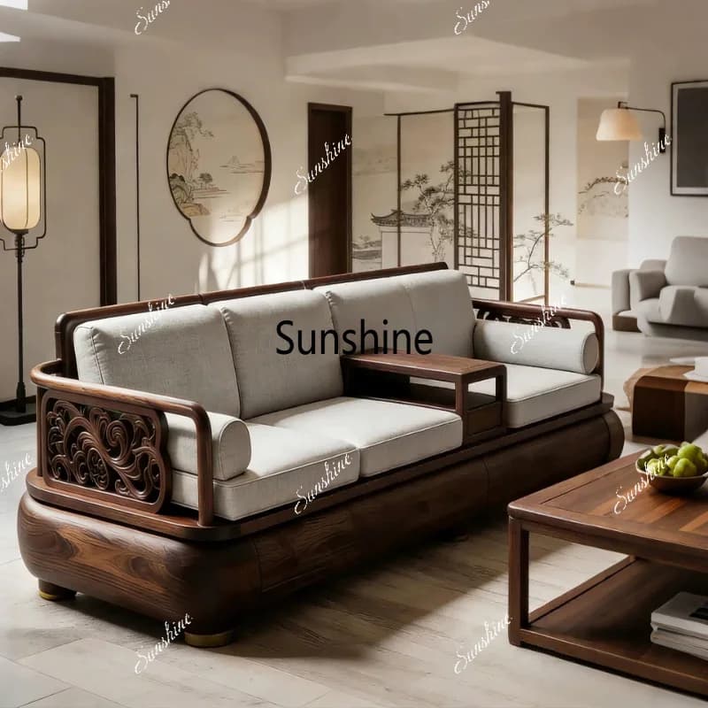 New Chinese solid wood Arhat bed Zen engraved high-end large apartment living room sofa