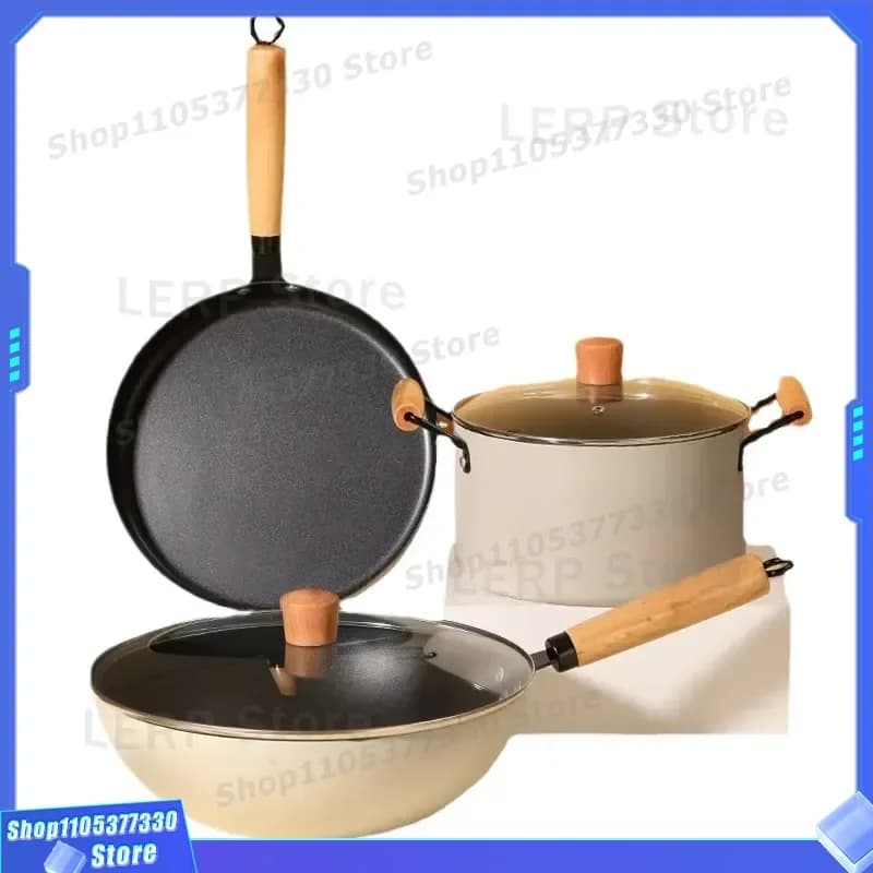 3 Piece Non Stick Maifan Stone Coated Pot Set High Quality Iron Cookware With Wooden Handle Durable Kitchen Cooking Pots Pans