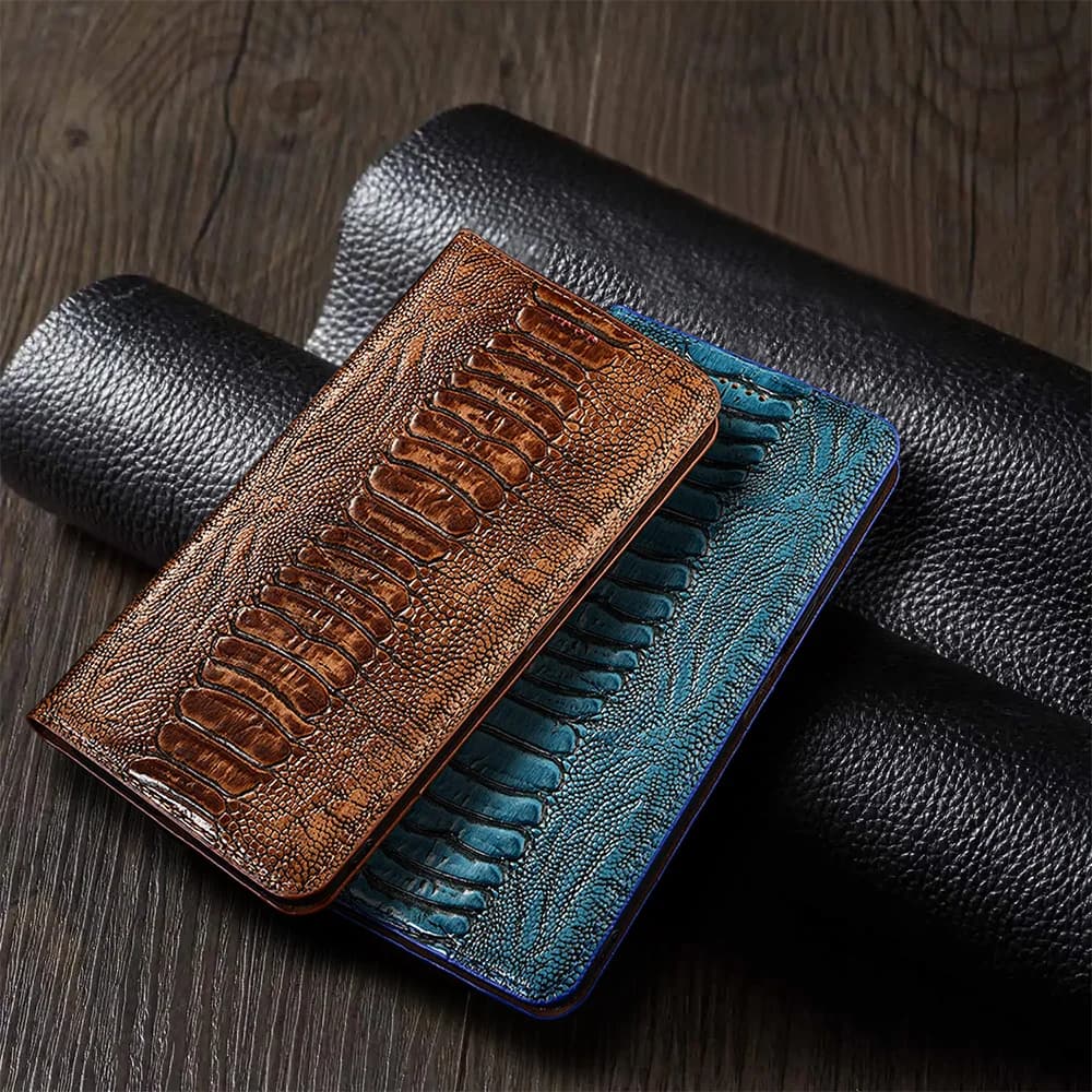 Genuine Leather Flip Case For Redmi K50 K60 K60E K70 K70E K80 K90 Pro Max Ultra Phone Cover Cases Ostrich Pattern Handmade