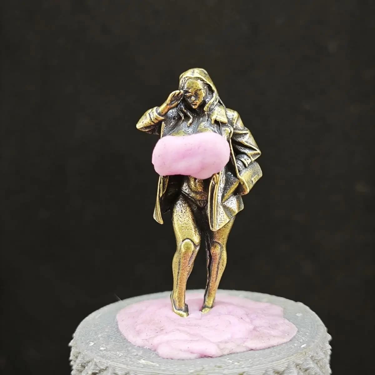 Brass Fashion Coat Beautiful Woman Micro Landscape Figurine, Mini Desk Ornament, Home Decor Collectible, Small Decor Sculpture