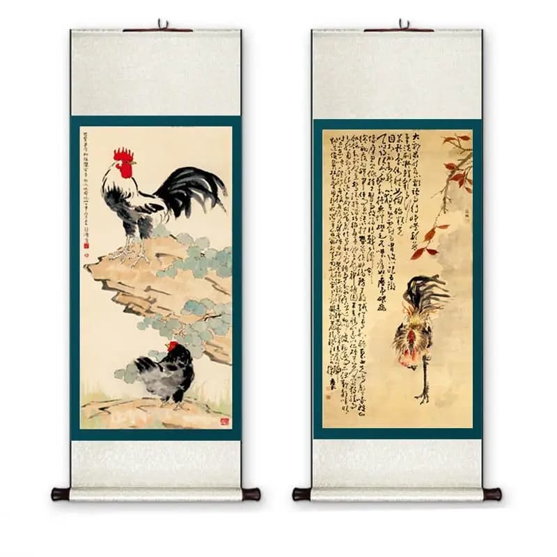 Chinese Rooster Ink Painting Scroll, Traditional Hanging Art, Good Luck Auspicious Wall Decor for Living Room Home Ornament