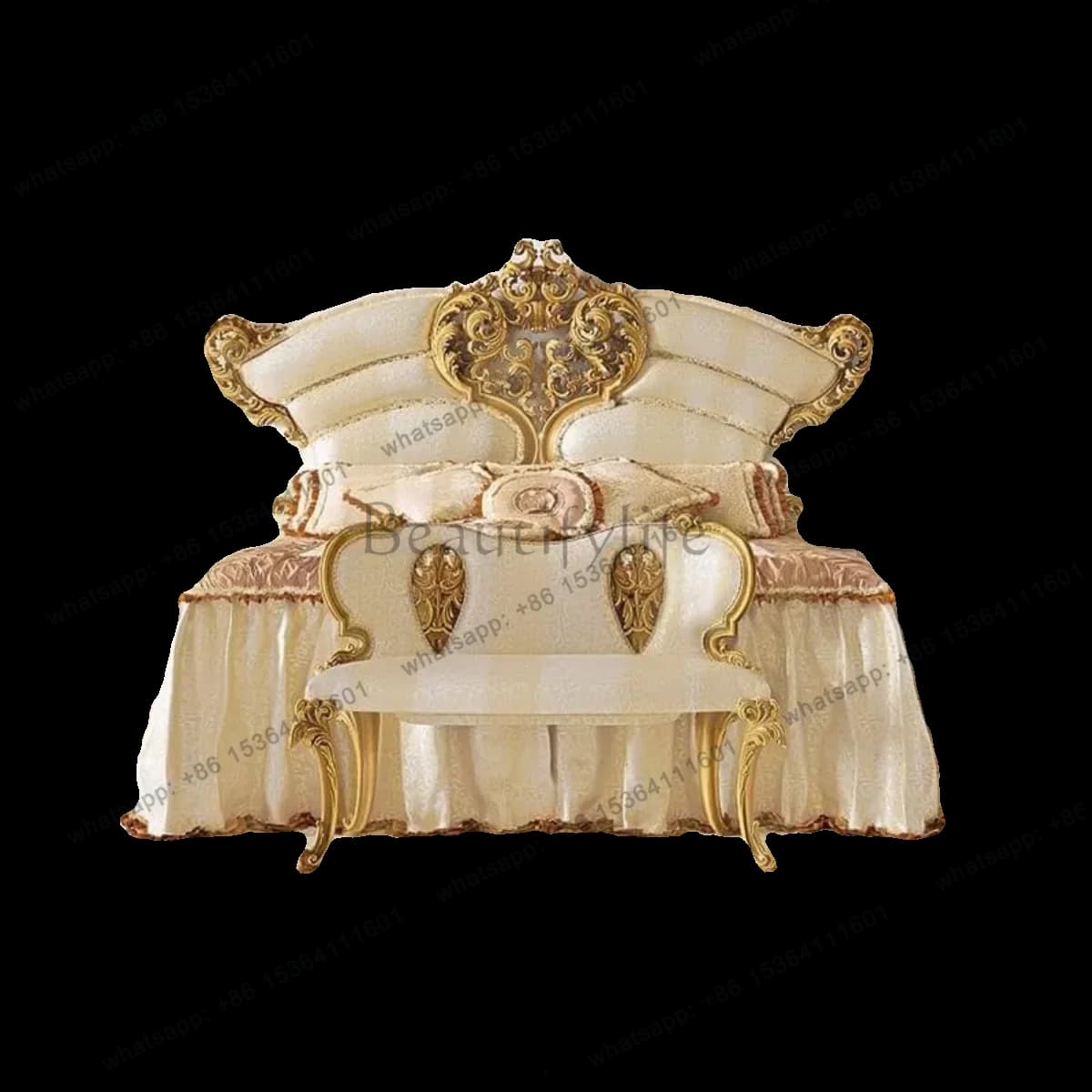 PG Designer Backrest High Double Bed Velvet Luxury Gold Big Princesse Adults Beds Bedroom Wooden Modern Cama De Casal Furniture