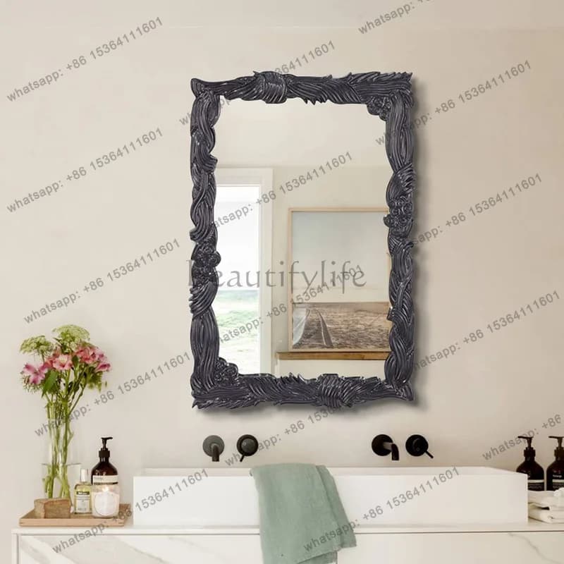 Retro old carved frame makeup mirror artistic sense wave carved wall mirror