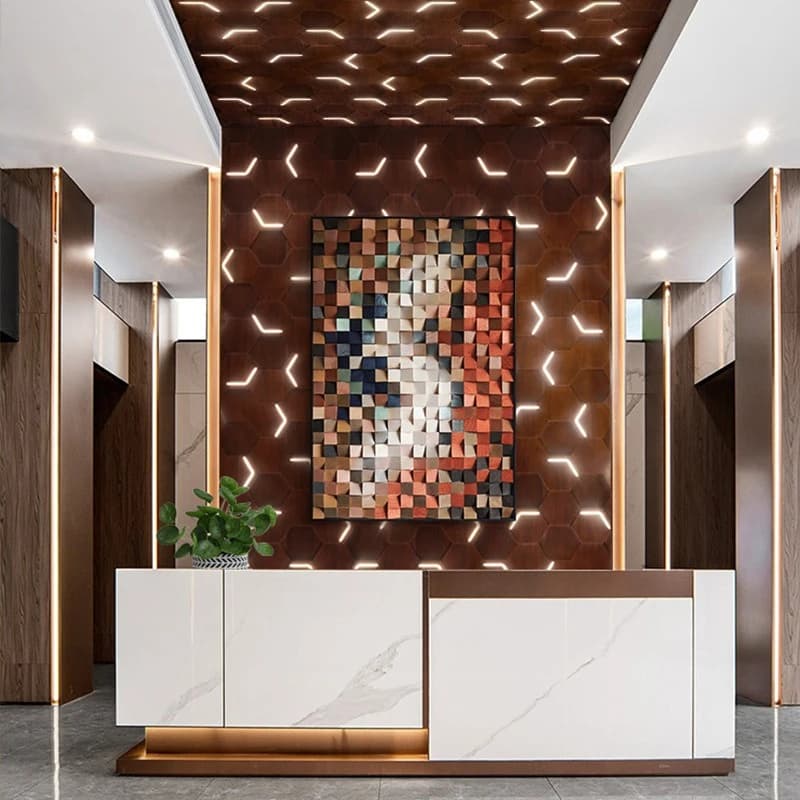 Hexagonal geometric three-dimensional solid wood design with lamp background wall exhibition hall decoration hanging paintings
