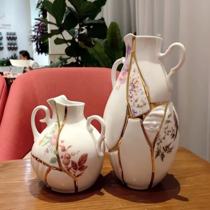 Gold Plated Crack Texture Ceramic Vase Pitcher Vase Set Gold Crack Line Floral Print Double Handle Flower Vase Table Home Decor