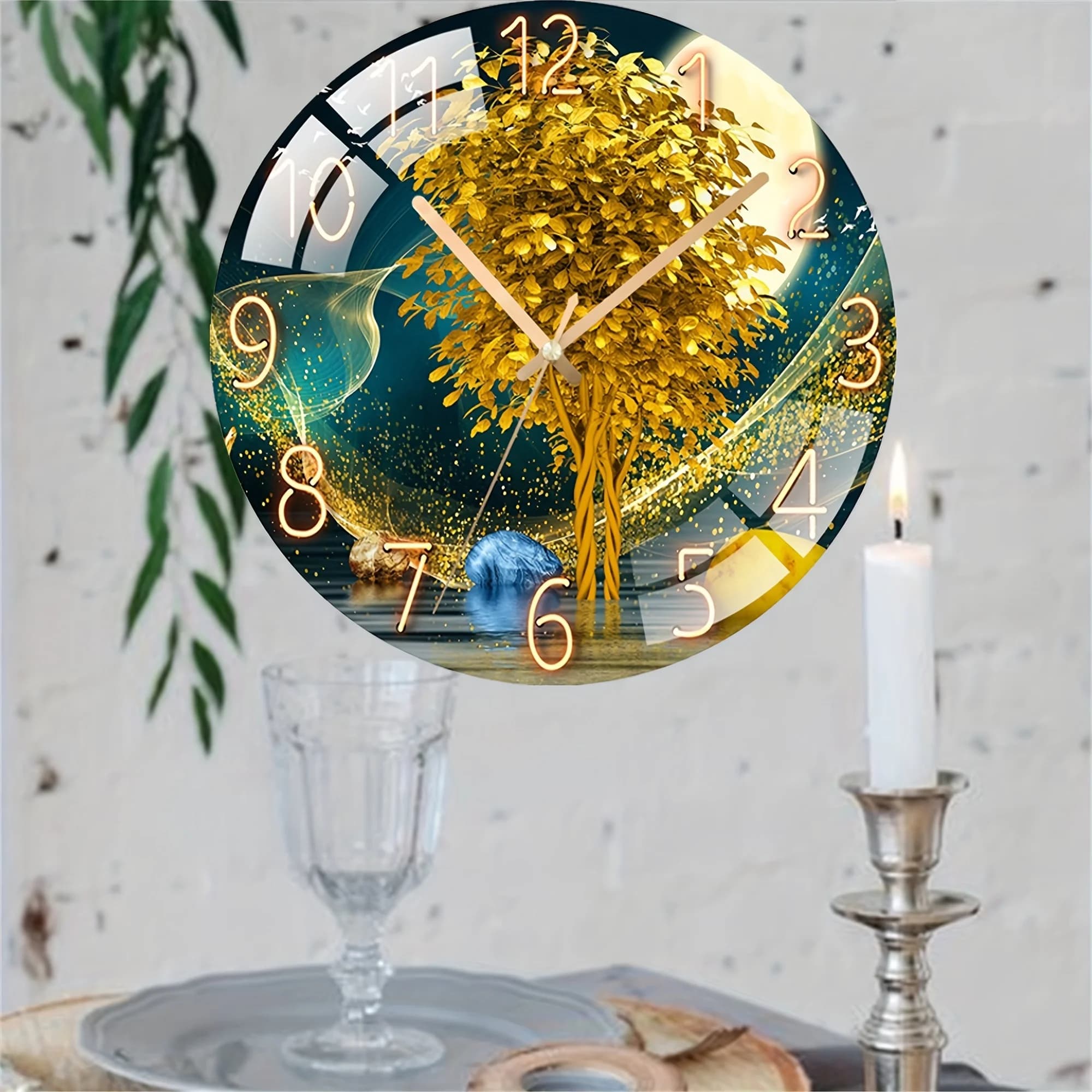 Silent Quartz Wall Clock Geometric Blue Golden No-Drill Battery Wall Decor Modern Home Decoration for Living Room Bedroom Office