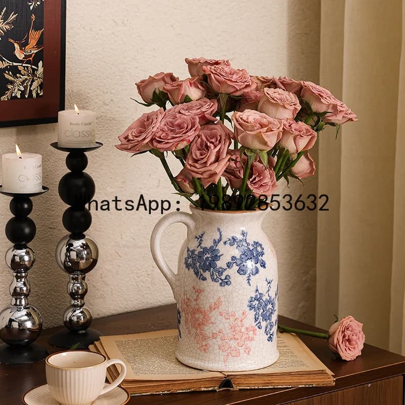a17Blue and White Porcelain Ceramic Vase Chinese-style Retro Handcrafted Ceramic Bottle Flower Vase Terrarium Home Decoration