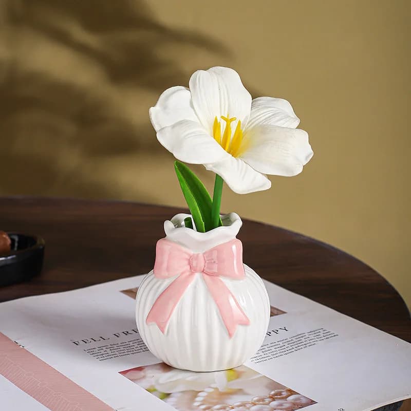 Ceramic Flower Vase With Bow Accent Floral Container Home Decor for Table Shelf Bookshelf Mantel Fireplace Entryway Living Room