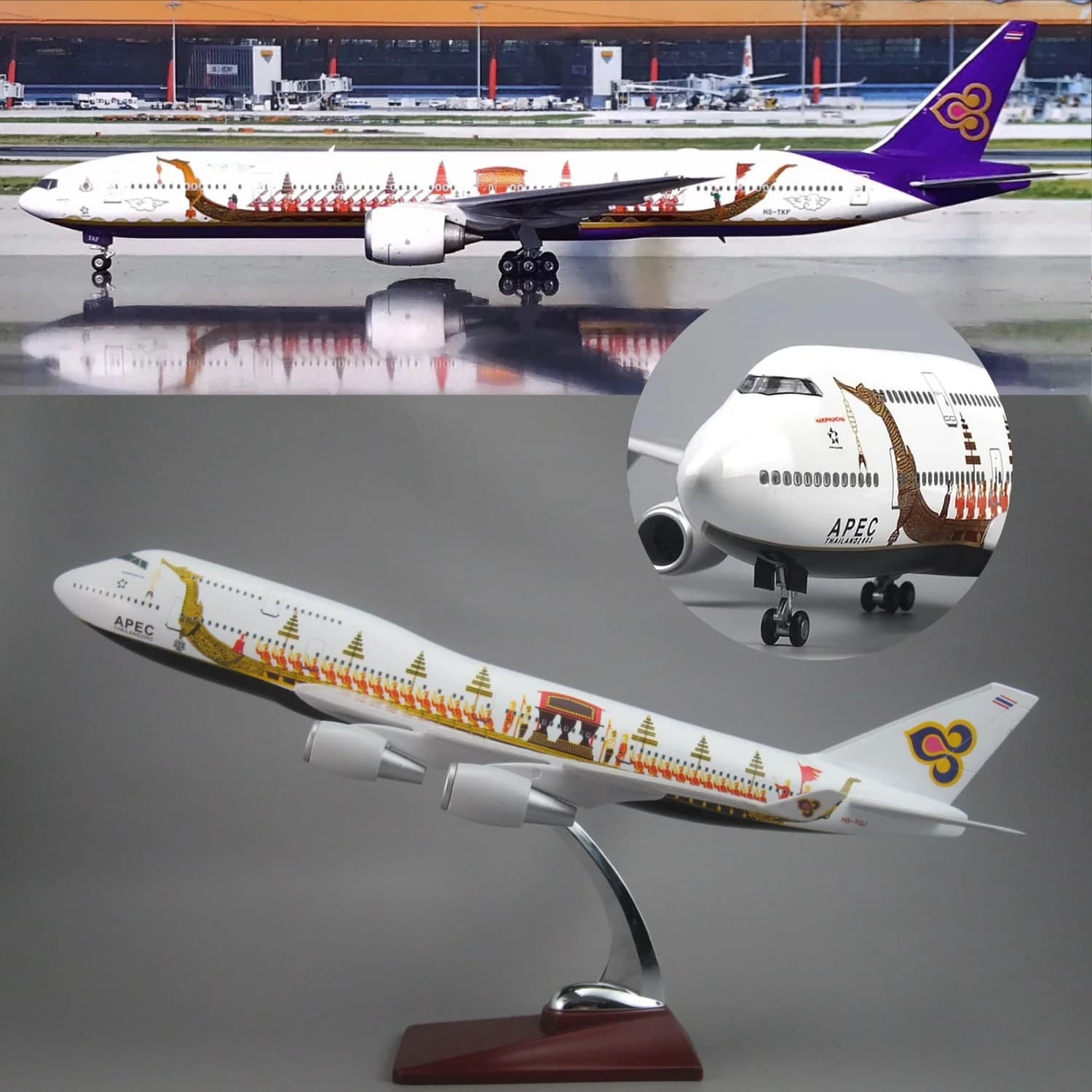 1/150 Scale 47cm Airplane B747 Thai Dragon Boat Model With Light & Wheels Diecast 747 Resin Plane Room Collection